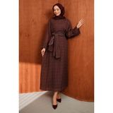 İmaj Butik Bordo Şallı Ekose Desenli Elbise - 38 - 40