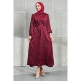 İmaj Butik Bordo Taşlı Kuşaklı Saten Elbise - 40