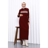 İmaj Butik Bordo Yaka Fermuarlı Fitilli Çizgili Triko Elbise - Standart