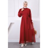 İmaj Butik Bordo Yaka Fırfırlı Kuşaklı Şifon Elbise - 38 - 40