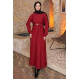 İmaj Butik Bordo Zincir Kuşaklı Fitilli Uzun Elbise - 38 - 40