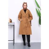 İmaj Butik Camel Balon Kol Bel Kemerli Kaşe Kaban - S