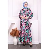 İmaj Butik Fuşya Desenli Eteği Katlı Viscon Elbise - 38 - 40