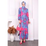 İmaj Butik Fuşya Desenli Eteği Katlı Viscon Elbise - 40 - 42