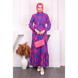 İmaj Butik Fuşya Desenli Eteği Katlı Viscon Elbise - 44 - 46
