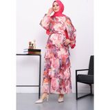 İmaj Butik Fuşya Desenli Katlı Şifon Elbise - 40