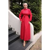 İmaj Butik Fuşya Kuşaklı Kol Lastikli Fitilli Elbise - 40 - 42
