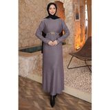 İmaj Butik Gri Zincir Kuşaklı Fitilli Uzun Elbise - 44 - 46