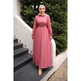 İmaj Butik Gül Kurusu Zincir Kuşaklı Fitilli Uzun Elbise - 44 - 46