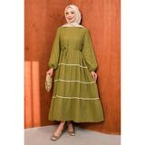 İmaj Butik Haki Biyeli Kol Lastikli Müslin Elbise - 42 - 44