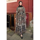 İmaj Butik Haki Eteği Katlı Desenli Şifon Elbise - 38