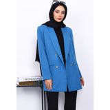 İmaj Butik Indigo Düğmeli Kruvaze Yaka Krep Ceket Kadın Dokuma Kumaş Özellikli Şık Tasarım - İndigo - 40