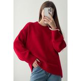 İmaj Butik Kadın Kırmızı Bisiklet Yaka Oversize Triko Kazak Yumuşak Dokulu Günlük Stil - Standart
