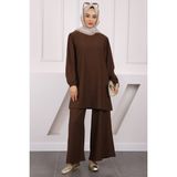İmaj Butik Kahverengi Bürümcük Tunik Pantolonlu Takım Dokuma Malzeme ile Şık Tasarım Kadınlar İçin - XL