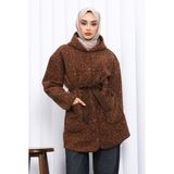 İmaj Butik Kahverengi Çırçıtlı Kuşaklı Kaşe Ceket - L - XL