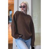 İmaj Butik Kahverengi Oversize Triko Kazak Kadın Bisiklet Yaka Günlük Stil Yumuşak Dokulu - Standart