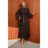 İmaj Butik Kahverengi Şallı Desenli Elbise - 38 - 40