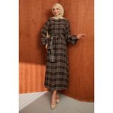İmaj Butik Kahverengi Şallı Ekose Desenli Elbise - 38 - 40