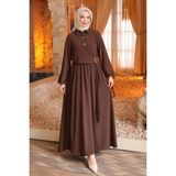 İmaj Butik Kahverengi Yan Bağlamalı Kol Lastikli Elbise - 38