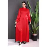 İmaj Butik Kırmızı Kol Düğmeli Beli Kuşaklı Saten Abiye - 40