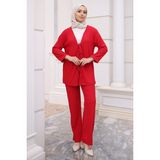 İmaj Butik Kırmızı Ön Bağlamalı Bürümcük Kimono Pantolonlu Takım