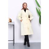 İmaj Butik Krem Balon Kol Kaşe Kaban Kadın Bel Kemerli Polyester Malzeme ile Şık Tasarım