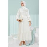 İmaj Butik Krem Çiçek Bronşlu Şifon Elbise - 38 - 40
