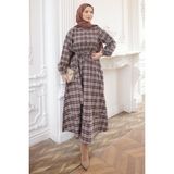 İmaj Butik Krem / Kahverengi Ekose Desenli Kuşaklı Elbise - Krem - Kahverengi - XL