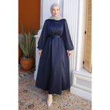 İmaj Butik Lacivert Balon Kol Taşlı Saten Abiye Elbise - 42