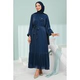 İmaj Butik Lacivert Çiçek Bronşlu Şifon Elbise - 38 - 40