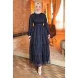 İmaj Butik Lacivert Eteği Katlı Şifon Elbise - 48