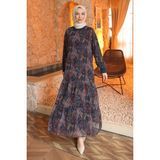 İmaj Butik Lacivert Kol Lastikli Şifon Elbise - 42