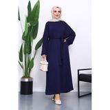 İmaj Butik Lacivert Kuşaklı Üç Iplik Elbise - M - L