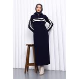 İmaj Butik Lacivert Yaka Fermuarlı Fitilli Çizgili Triko Elbise - Standart