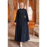 İmaj Butik Lacivert Yan Bağlamalı Kol Lastikli Elbise - 38