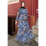 İmaj Butik Mavi Eteği Katlı Desenli Şifon Elbise - 44
