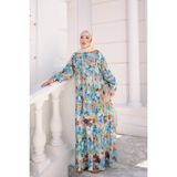 İmaj Butik Mavi Yarım Düğmeli Kol Lastikli Eteği Katlı Elbise Çiçekli Viskon Kumaş Trend Tasarım - 40