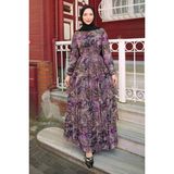 İmaj Butik Mor Eteği Katlı Desenli Şifon Elbise - 40
