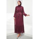 İmaj Butik Mürdüm Çiçek Bronşlu Şifon Elbise - 42 - 44