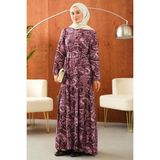 İmaj Butik Mürdüm Eteği Katlı Desenli Elbise - 38
