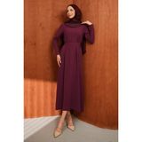İmaj Butik Mürdüm Yaka Güpürlü Kuşaklı Elbise