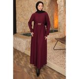 İmaj Butik Mürdüm Zincir Kuşaklı Fitilli Uzun Elbise - 42 - 44