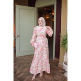 İmaj Butik Pembe Eteği Katlı Desenli Viskon Elbise - 44