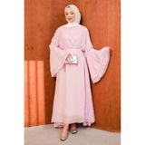 İmaj Butik Pembe Ispanyol Kol Bel Bağlamalı Tül Elbise - 38 - 40