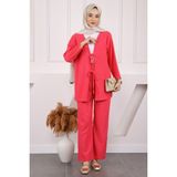 İmaj Butik Pembe Ön Bağlamalı Bürümcük Kimono Pantolonlu Takım