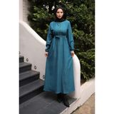 İmaj Butik Petrol Yeşili Kuşaklı Kol Lastikli Fitilli Elbise - 42 - 44