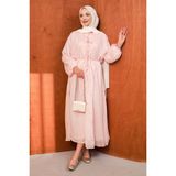 İmaj Butik Pudra Fiyonk Bağlamalı Nervür Detaylı Elbise - 42 - 44