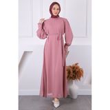 İmaj Butik Pudra Yaka Fırfırlı Kuşaklı Şifon Elbise - 38 - 40