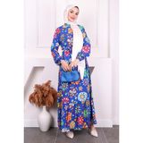 İmaj Butik Saks Mavi Desenli Eteği Katlı Viscon Elbise - 44 - 46