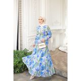 İmaj Butik Saks Mavi Eteği Katlı Çiçek Desenli Elbise - 42
